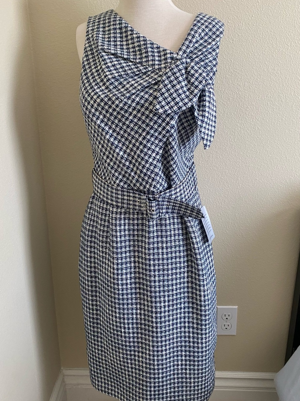 One-Shoulder Navy and White Houndstooth Knot Dress